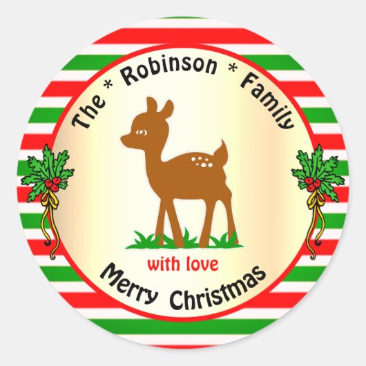可愛いクリスマスディアカーカーフレッド&グリーンストライプ ラウンドシール (正面)