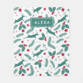 可愛いクリスマスディアー&クリスマスホリーパターン フリースブランケット (正面)