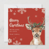可愛いクリスマスディアー〔雄ジカの〕枝角とフローラクラウン シーズンカード (正面)