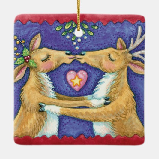 可愛いクリスマストインデナー、ロマンチックなキスwミスタントウ セラミックオーナメント (裏面)