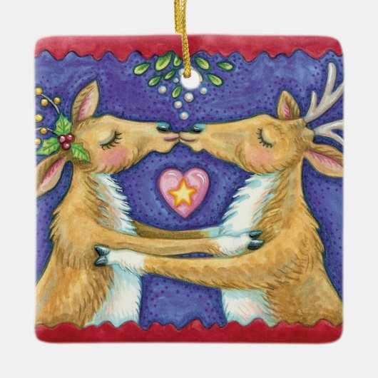可愛いクリスマストインデナー、ロマンチックなキスwミスタントウ セラミックオーナメント (正面)
