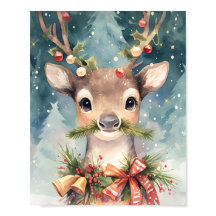可愛いクリスマストナカイの水彩壁飾り
