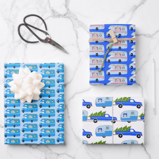 可愛いクリスマストレーラーRVカンパーホリデカラフルィーブルー ラッピングペーパーシート (正面)