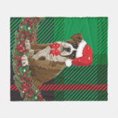 可愛いクリスマスドッグサンタハットグリーンプレイドシェルパブランケット フリースブランケット (正面(横))