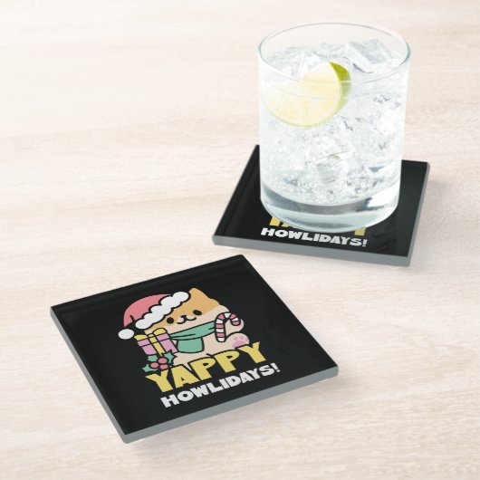 可愛いクリスマスドッグ – Yappy Howlidays ガラスコースター (アングル)