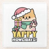 可愛いクリスマスドッグ – Yappy Howlidays ガラスコースター (正面)