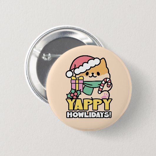 可愛いクリスマスドッグ – Yappy Howlidays 缶バッジ (正面&裏面)