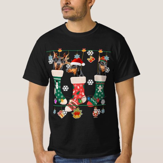 可愛いクリスマスドバーマン靴下クリスマスサンタギフト Tシャツ (正面)