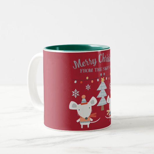 可愛いクリスマスネズミと木オンブルゴーニュ赤 ツートーンマグカップ (正面左)