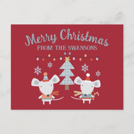可愛いクリスマスネズミと木オンブルゴーニュ赤 ポストカード (正面)
