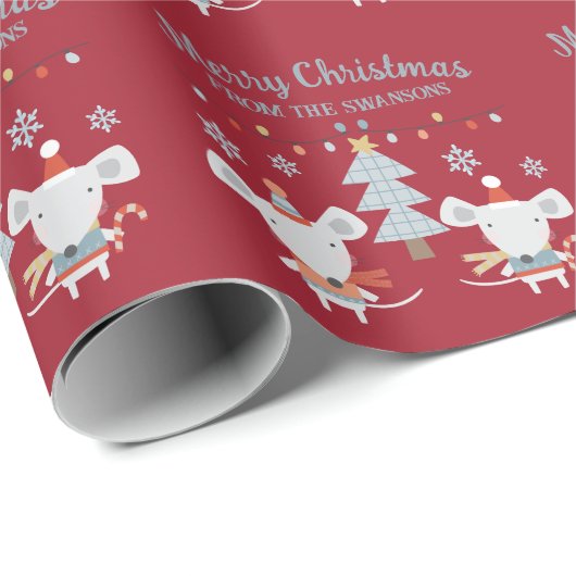 可愛いクリスマスネズミと木オンブルゴーニュ赤 ラッピングペーパー (ロールコーナー)