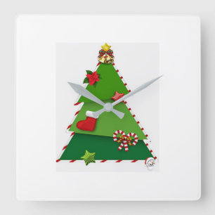 **可愛いクリスマスパッチワークツリー**時計 スクエア壁時計