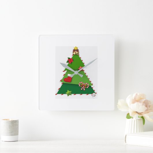**可愛いクリスマスパッチワークツリー**時計 スクエア壁時計 (ホーム)