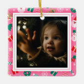 可愛いクリスマスピンクのフォトフレーム セラミックオーナメント (正面)