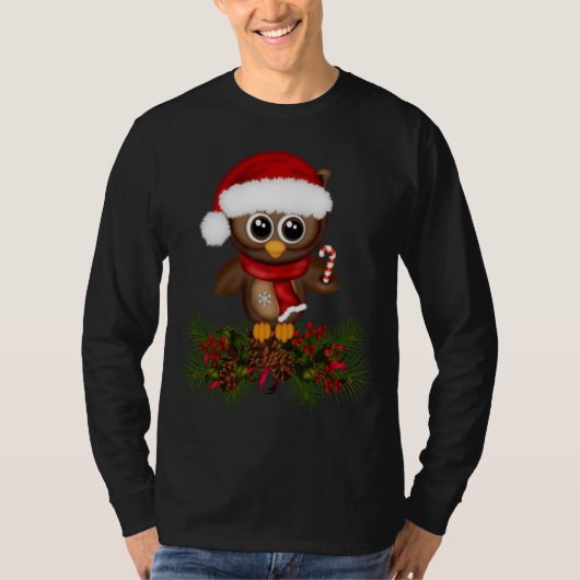可愛いクリスマスフクロウオンパインブランチシャツ Tシャツ (正面)