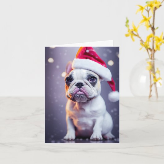 可愛いクリスマスフランスのブルドッグ子犬グリーティングカード カード (黄色い花)