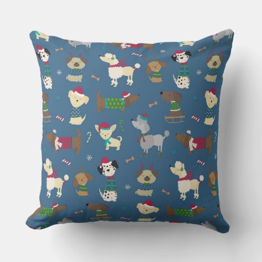 可愛いクリスマスホリデードッグパターンonブルー クッション (正面)