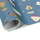 可愛いクリスマスホリデードッグパターンonブルー ラッピングペーパー (ロールコーナー)