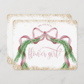 可愛いクリスマスボウピンクの水色のフラワーガール 招待状 (正面/裏面)