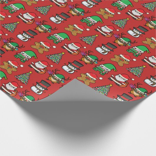 可愛いクリスマスマンガのキャラクター柄が赤 ラッピングペーパー (角)