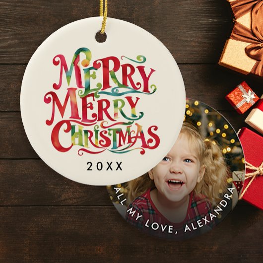 可愛いクリスマスレッドと緑の水色Typo写真 セラミックオーナメント