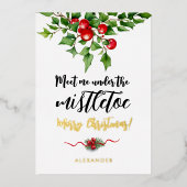 可愛いクリスマスレッドと緑ミスタントウの水色 箔シーズンカード (正面)