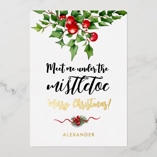 可愛いクリスマスレッドと緑ミスタントウの水色 箔シーズンカード (正面)