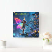 可愛いクリスマス妖精のグラデーションのネオン翼 スクエア壁時計 (ホーム)