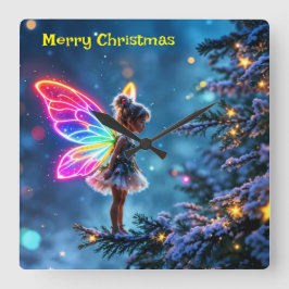 可愛いクリスマス妖精のグラデーションのネオン翼 スクエア壁時計