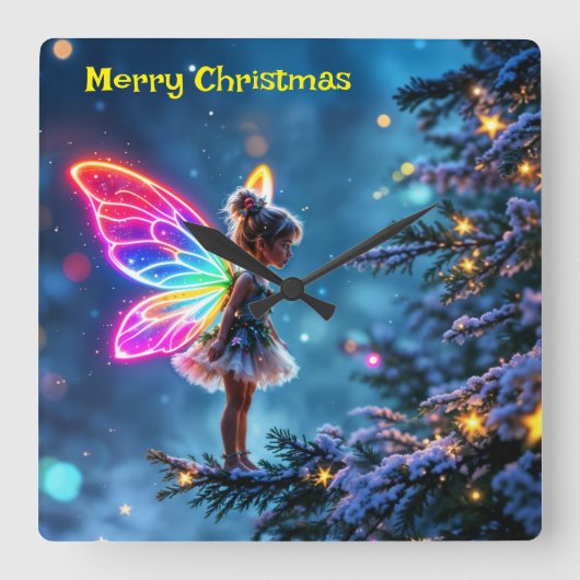 可愛いクリスマス妖精のグラデーションのネオン翼 スクエア壁時計 (正面)