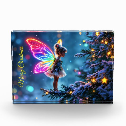 可愛いクリスマス妖精のグラデーションのネオン翼 フォトブロック (正面)