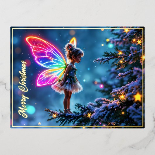 可愛いクリスマス妖精のグラデーションのネオン翼 箔シーズンポストカード (正面)