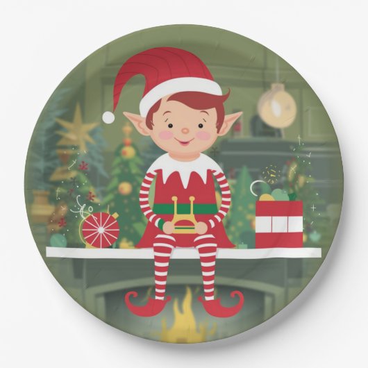 可愛いクリスマス小妖精や小人オンシェルフラウンド紙プレート ペーパープレート (正面)