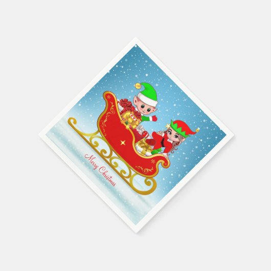 可愛いクリスマス小妖精や小人オンスイオンライトブルー スタンダードカクテルナプキン (角)