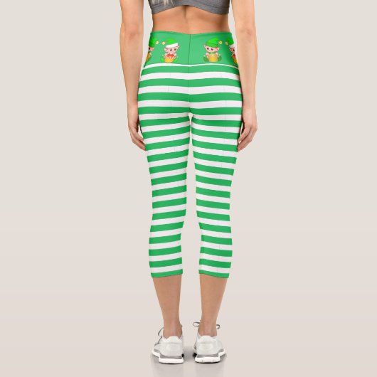 可愛いクリスマス小妖精や小人オン緑と白ストライプの カプリレギンス (裏面)