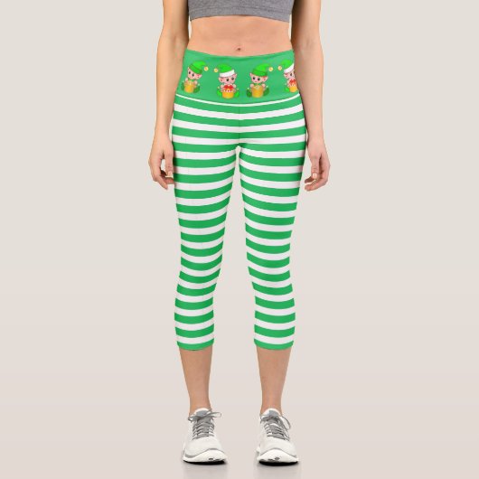 可愛いクリスマス小妖精や小人オン緑と白ストライプの カプリレギンス (正面)