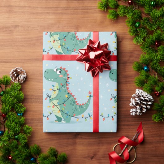 可愛いクリスマス恐竜ライトキッズラッピング紙 ラッピングペーパー (クリスマスギフト)