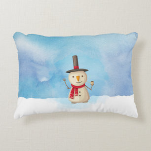 可愛いクリスマス雪だるま手を振って微笑む アクセントクッション