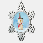 可愛いクリスマス雪だるま手を振って微笑む スノーフレークピューターオーナメント (右)