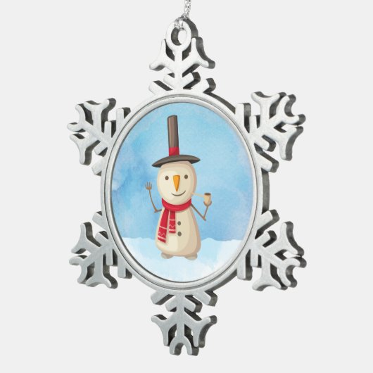 可愛いクリスマス雪だるま手を振って微笑む スノーフレークピューターオーナメント (右)