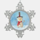 可愛いクリスマス雪だるま手を振って微笑む スノーフレークピューターオーナメント (正面)