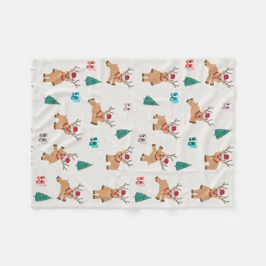 可愛いクリスマス鹿のクリスマスギフト&ツリーパターン フリースブランケット (正面(横))