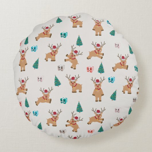 可愛いクリスマス鹿のクリスマスギフト&ツリーパターン ラウンドクッション (裏面)