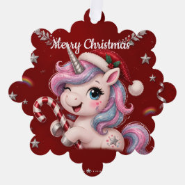 可愛いクリムゾンクリスマスユニコーンガールフォト オーナメントカード