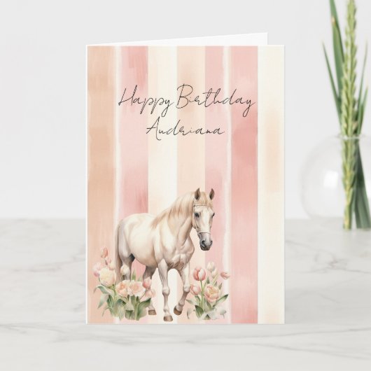 可愛いクリームピンクの桃の花と馬の誕生日 カード (正面)