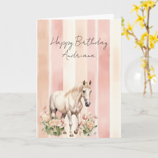 可愛いクリームピンクの桃の花と馬の誕生日 カード (黄色い花)