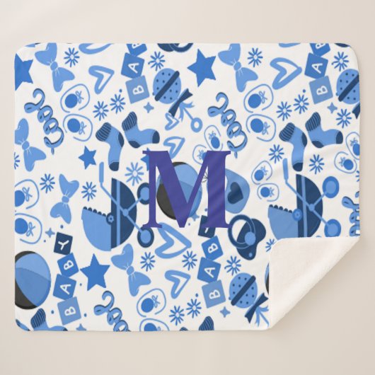 可愛いクールブルー男の赤ちゃん子供部屋パーソナライズされた シェルパブランケット (正面(横))