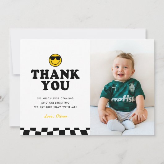 可愛いクールワンダードハッピーフォトボーイ1歳の誕生日 サンキューカード (正面)