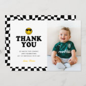 可愛いクールワンダードハッピーフォトボーイ1歳の誕生日 サンキューカード (正面/裏面)