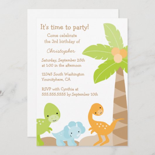 可愛いクール恐竜の少年の誕生日パーティーの招待状 招待状 (正面/裏面)